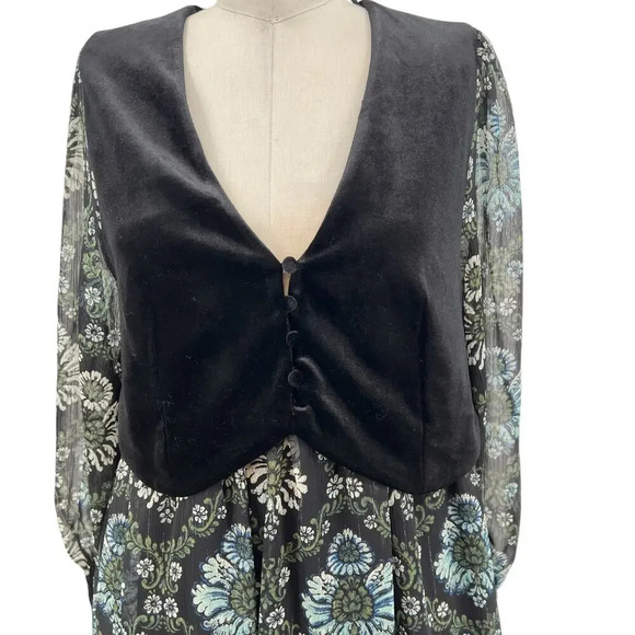 Zara Dress Floral Printed with Black Vest Velvet Layered Long Sleeve Size Small - Picture 4 of 16